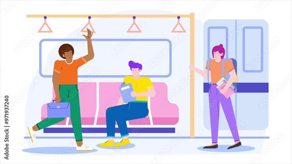 on a commuter train illustration emphasizing daily life and public transport animated video on a commuter train illustration emphasizing daily life and public transport animated video