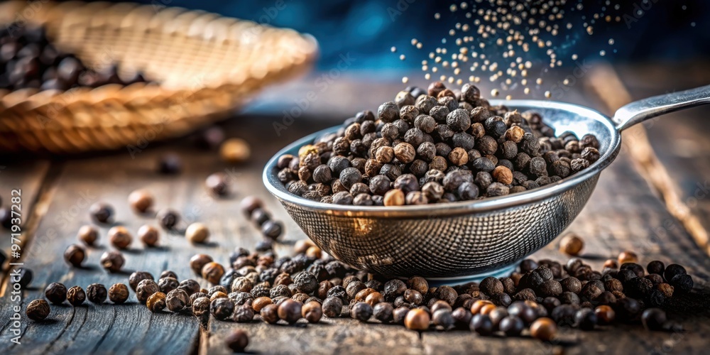 Close-up of sifting black pepper with faded background, pepper, seasoning, kitchen, utensil, spice, cooking, culinary, food Close-up of sifting black pepper with faded background, pepper, seasoning, kitchen, utensil, spice, cooking, culinary, food