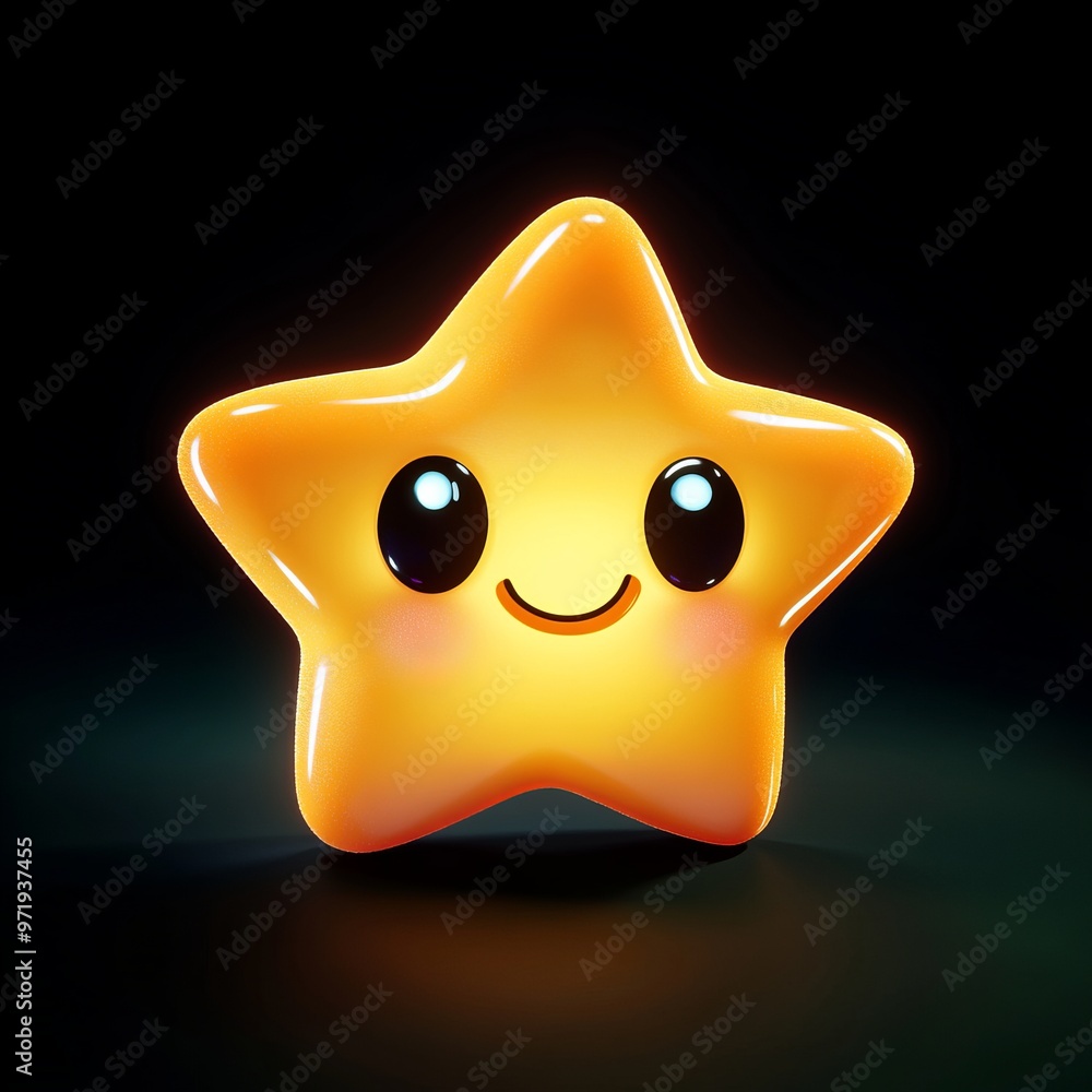 Cheerful 3D Chibi Style Star with Twinkling Eyes on Black Background Cheerful 3D Chibi Style Star with Twinkling Eyes on Black Background