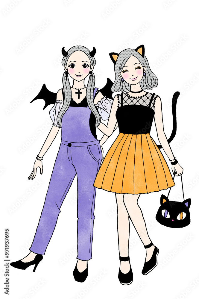 ハロウィンの仮装をする女性の全身イラスト ハロウィンの仮装をする女性の全身イラスト