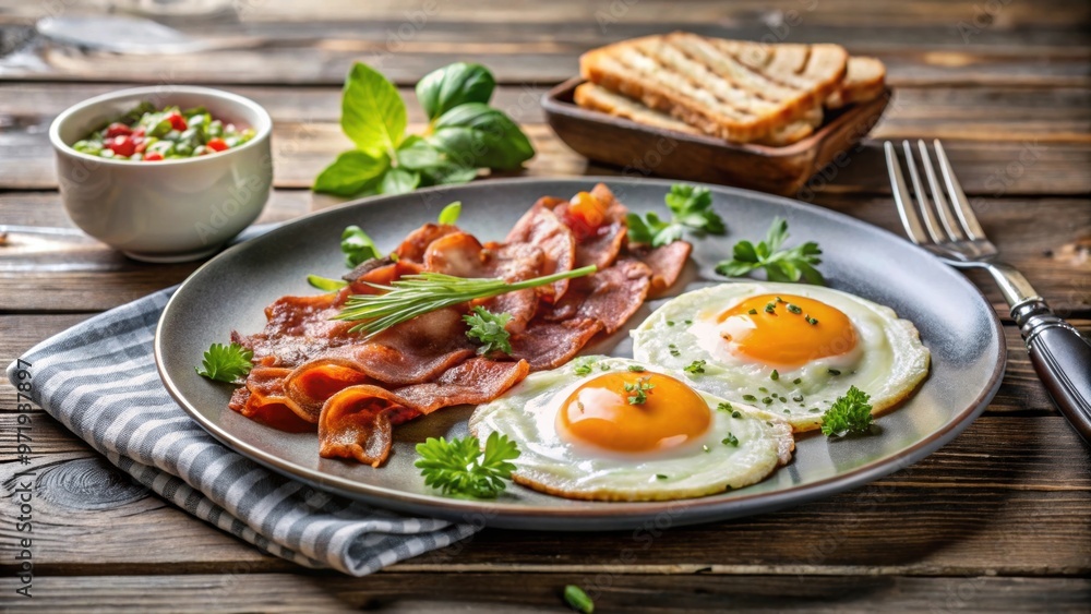 Delicious bacon and eggs breakfast on plate, bacon, eggs, breakfast, food, delicious, meal, morning, fried, crispy Delicious bacon and eggs breakfast on plate, bacon, eggs, breakfast, food, delicious, meal, morning, fried, crispy