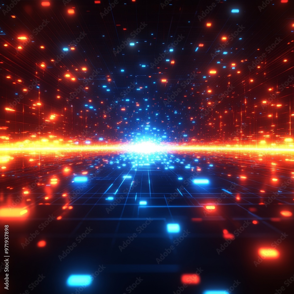 Obraz premium 暗い背景に青とオレンジの光るライト