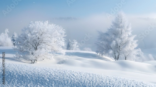 Wallpaper Mural A snow-covered landscape featuring gentle hills and scattered trees, capturing the serene and tranquil beauty of a winter scene with rolling snowy terrain and frosted foliage Torontodigital.ca