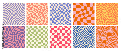 Groovy checkered pattern, colorful distorted tiled grid. Vintage wavy curved backdrop, distortion effect. Funky geometric chessboard texture, retro background in 90s style, y2k. Vector illustration