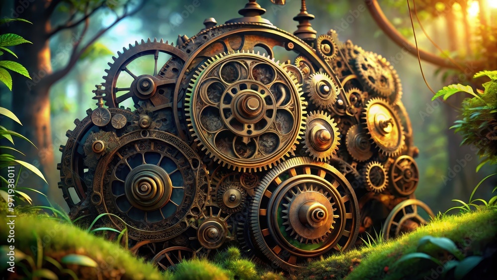 Close-up of steampunk machine with intricate gears and parts blending into nature setting, steampunk, machine, gears Close-up of steampunk machine with intricate gears and parts blending into nature setting, steampunk, machine, gears
