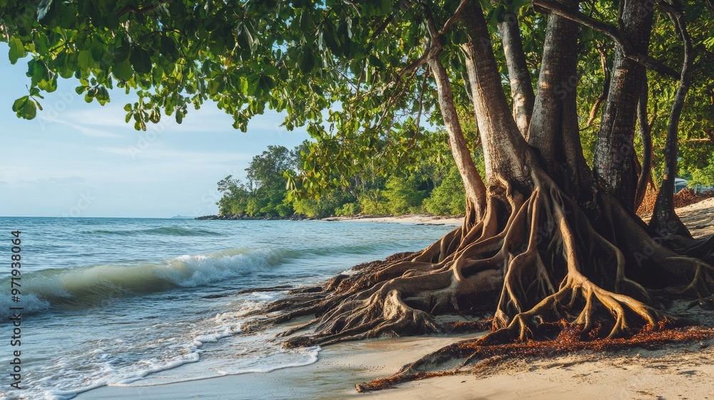 Landscape view of trees with big roots on the seashore. Plants growing by the sea. Photography Stock. Landscape view of trees with big roots on the seashore. Plants growing by the sea. Photography Stock.