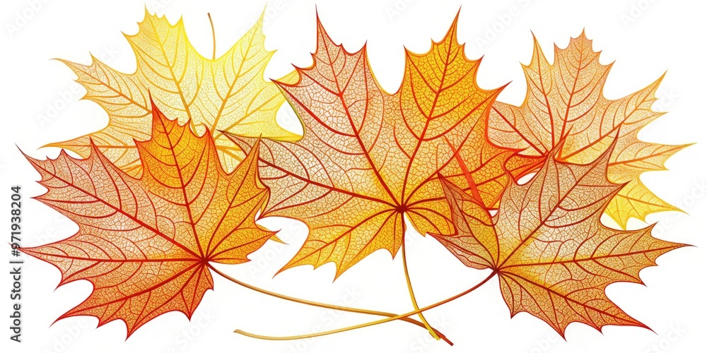 Fototapeta premium Vibrant, intricately designed vector illustration of maple leaves in shades of orange, yellow, and red, with delicate veins and stems, perfect for autumnal designs.