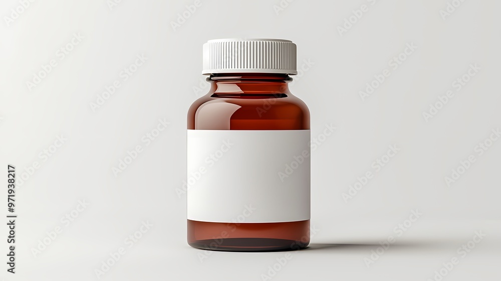 An empty amber glass bottle with a white cap, perfect for pharmaceutical use. An empty amber glass bottle with a white cap, perfect for pharmaceutical use.