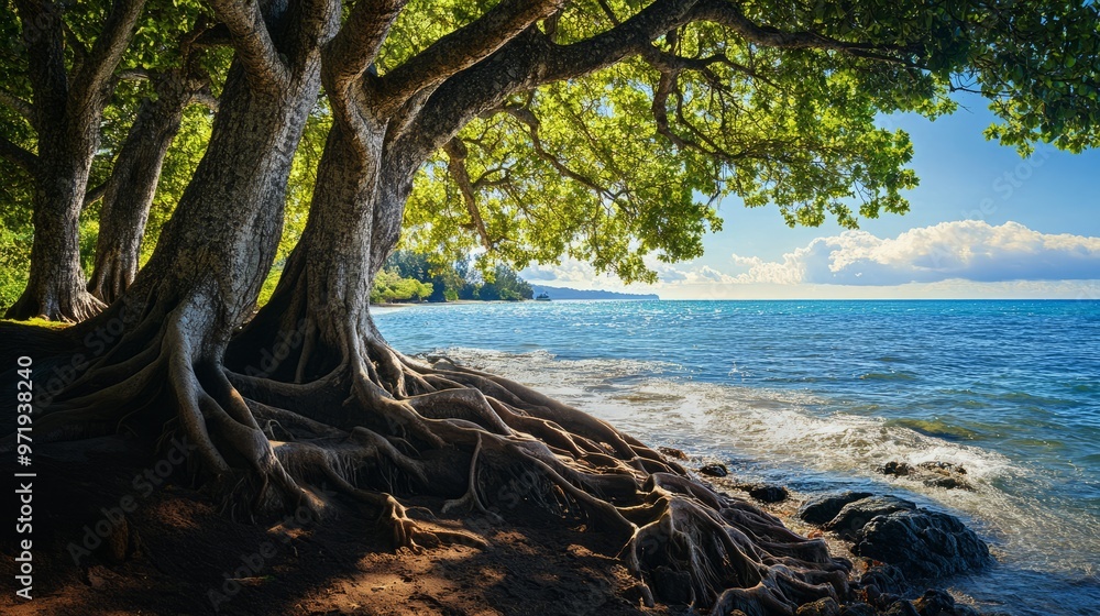 Landscape view of trees with big roots on the seashore. Plants growing by the sea. Photography Stock. Landscape view of trees with big roots on the seashore. Plants growing by the sea. Photography Stock.