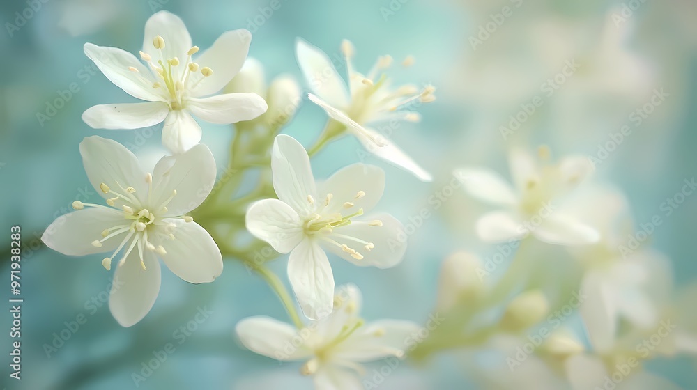 Delicate white flowers blooming against a soft blue background. Delicate white flowers blooming against a soft blue background.