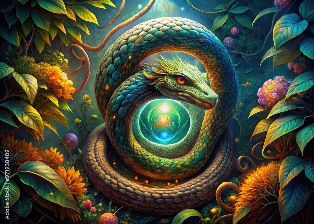 Vibrant, intricately detailed illustration of a serpent coiled around a mystical orb, surrounded by lush foliage, evoking ancient myths and mystical energies. Vibrant, intricately detailed illustration of a serpent coiled around a mystical orb, surrounded by lush foliage, evoking ancient myths and mystical energies.