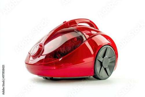 Shiny Red Compact Vacuum Cleaner on White Background