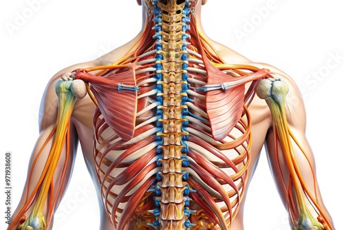 Vibrant, intricately detailed illustration of the human spine, showcasing vertebrae, discs, and surrounding muscles in a stunning anatomical representation on a clean white background. photo