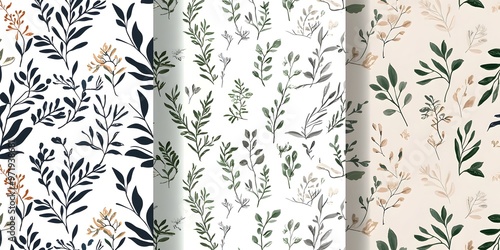 A botanical seamless pattern featuring detailed leaves and flowers in a repeating design, perfect for elegant and natural-inspired projects photo