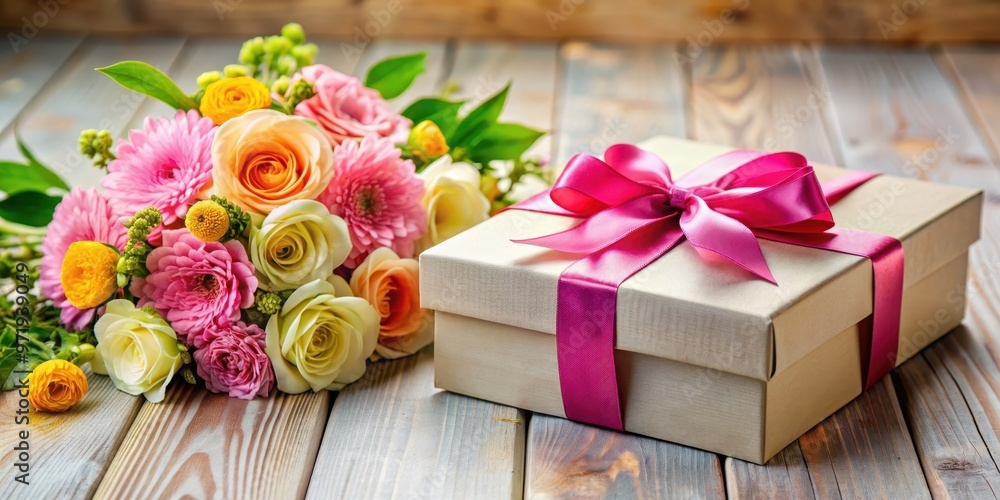 Obraz premium Gift box with beautiful flowers perfect for special occasions, gift, box, flowers, bouquet, celebration, present