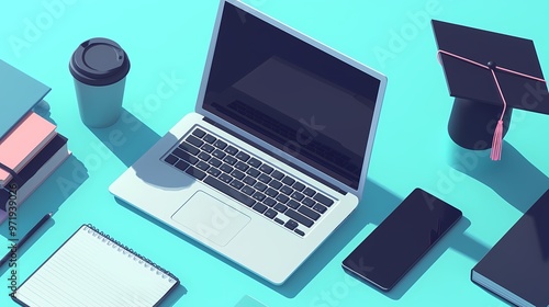 Stylish workspace with a laptop, coffee, and graduation cap on a vibrant surface.