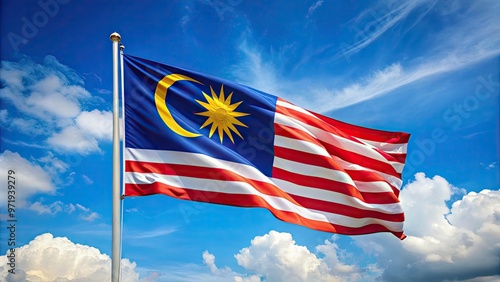 Vibrant Malaysia flag waving in the wind against a bright blue sky, its 14 stripes and crescent moon symbolizing national unity and harmony. photo