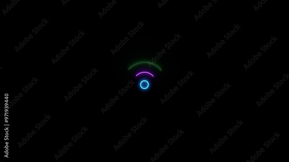 Neon Wireless Internet Connection Icon Animation. Glowing Neon Wi-Fi signal icon, Social Media Network, Router Data Connection Technology on Black Background. Neon Wireless Internet Connection Icon Animation. Glowing Neon Wi-Fi signal icon, Social Media Network, Router Data Connection Technology on Black Background.