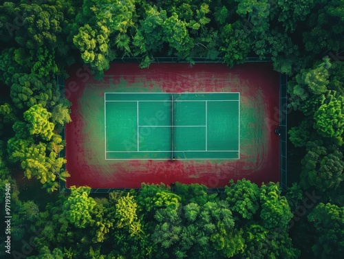 Aerial view of a tennis court surrounded by lush greenery, showcasing the contrast between sports and nature. photo