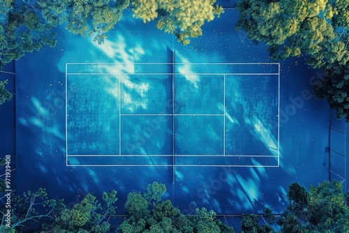 Aerial view of a tennis court surrounded by lush trees, showcasing vibrant colors and serene atmosphere for sports enthusiasts. photo