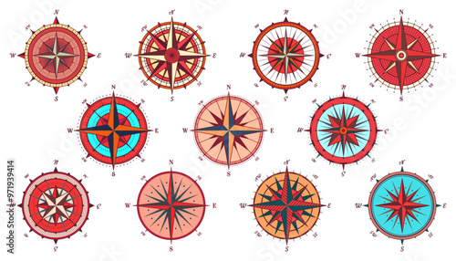 Vintage marine wind rose, nautical chart. Colorful navigational compass with cardinal directions of North, East, South, West. Geographical position, cartography and navigation. Vector illustration