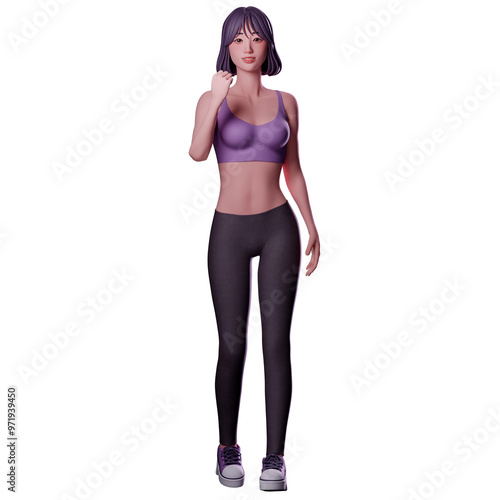 Beauty sport girl in sport wear celebrating with hooray pose, fist with left hand, 3D character render