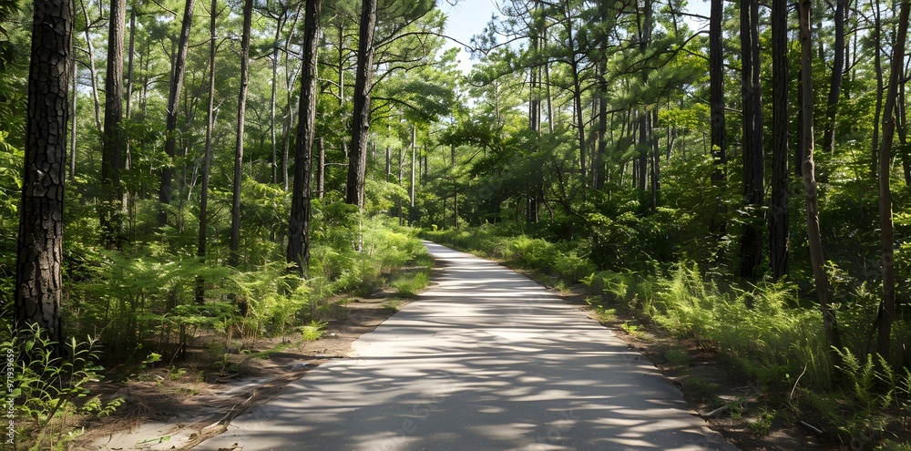 Fototapeta premium A scenic walking route through a lush wooded area, showcasing a tranquil path surrounded by trees and natural greenery, perfect for outdoor exploration