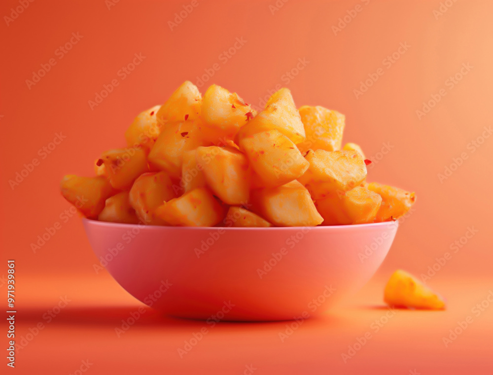 Vivid bold side view of Patatas Bravas, minimalist culinary photography Vivid bold side view of Patatas Bravas, minimalist culinary photography