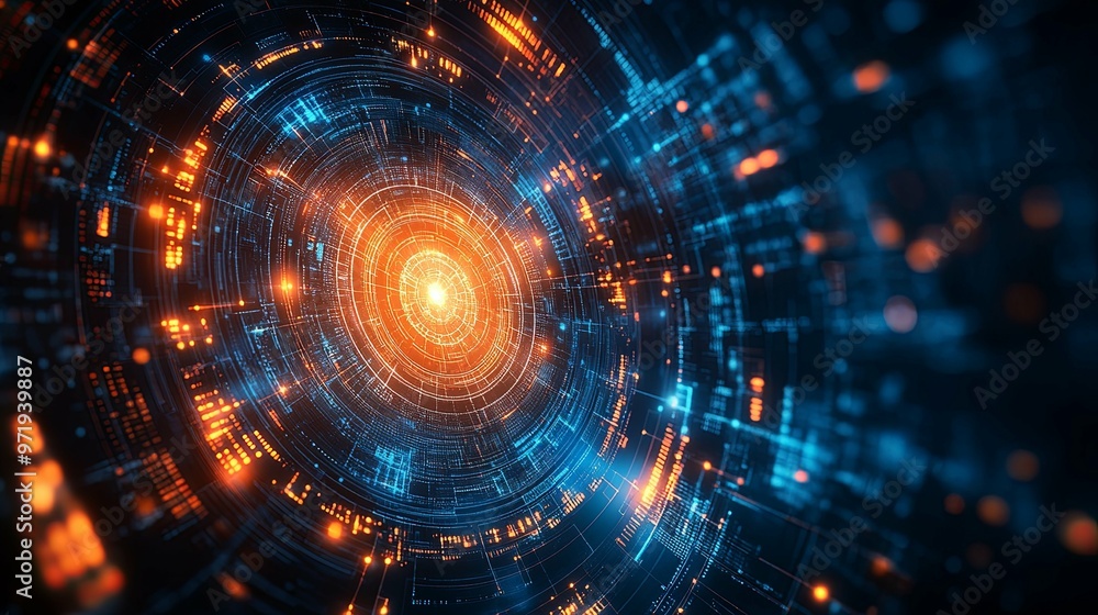 Abstract digital technology background with glowing orange and blue circular patterns Abstract digital technology background with glowing orange and blue circular patterns