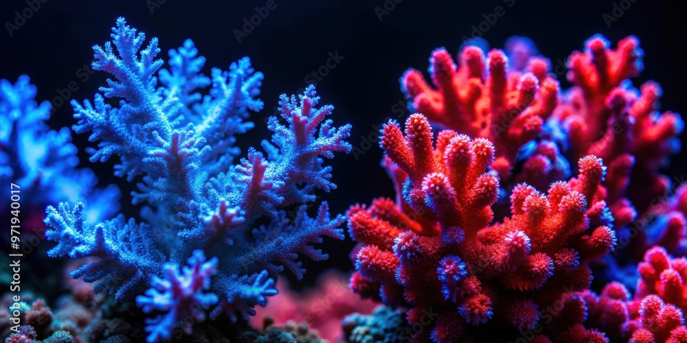 Fototapeta premium Abstract blur red and blue coral in a black background, coral, abstract, blur, red, blue, underwater, marine, nature