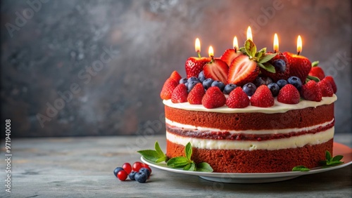 Red velvet cake with candles, decorated with strawberries and blueberries, red velvet cake, candles, birthday