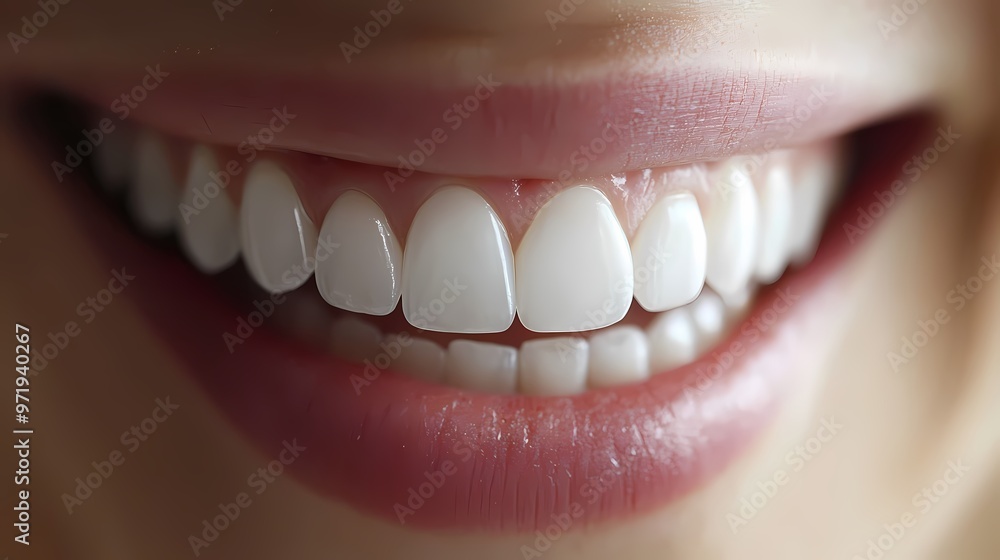 Fototapeta premium Close-up of a cheerful female smile with bright white teeth and soft pink lips.