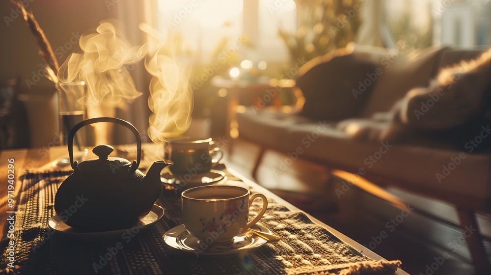 A cozy tea time scene with a beautifully set table, featuring a steaming teapot and elegant cups, capturing the warmth and charm of a refined tea experience A cozy tea time scene with a beautifully set table, featuring a steaming teapot and elegant cups, capturing the warmth and charm of a refined tea experience