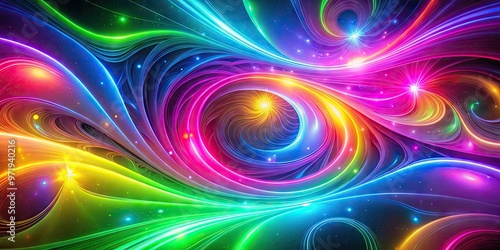 Vibrant neon swirls of pink, green, blue, and yellow hues merge to create a mesmerizing, futuristic, and abstract background with a hypnotic glow. photo