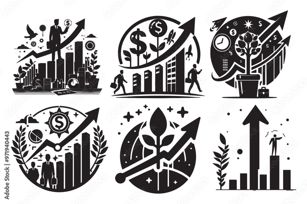Business growth chart  silhouette vector illustrations