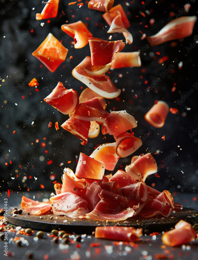 Naklejka premium Gourmet Jamon Iberico Slices in Dynamic Culinary Photography