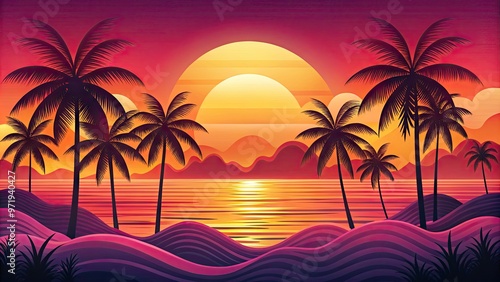 Vibrant orange and pink hues emanate from a stylized sunset illustration, featuring abstract waves and palm trees silhouetted against a radiant, gradient-filled sky.