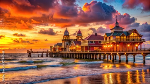 Vibrant orange and pink hues illuminate the Gulf Coast horizon as the sun sets behind historic Victorian-era buildings and rustic beach piers on Galveston Island. photo