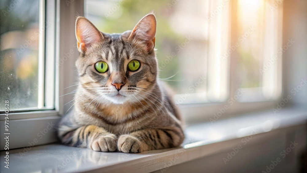 Cute grey tabby cat relaxing on a window sill, making eye contact with the camera , cat, cute, grey, tabby, feline, pet Cute grey tabby cat relaxing on a window sill, making eye contact with the camera , cat, cute, grey, tabby, feline, pet