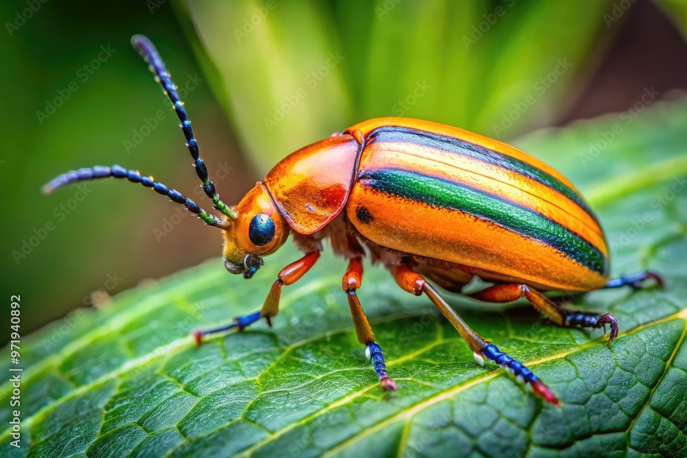 Fototapeta premium Vibrant orange beetle with iridescent elytra and intricate black stripes perches on a delicate green leaf amidst a subtle, blurred natural background.