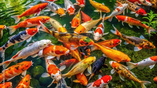 Vibrant orange, black, and white koi fish swim together in a serene pond surrounded by lush greenery and subtle water ripples. photo