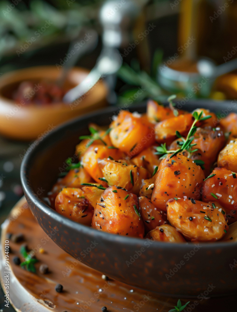 Close up of crispy Patatas Bravas in rustic bowl, a popular Spanish tapas dish Close up of crispy Patatas Bravas in rustic bowl, a popular Spanish tapas dish