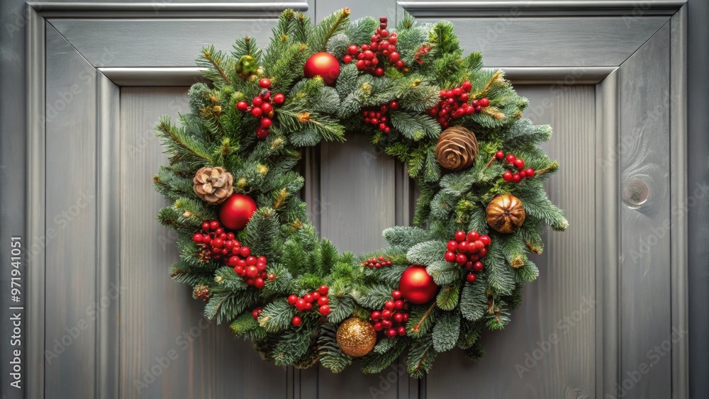 Festive Christmas wreath hanging on a door at home, Christmas, holiday, decoration, wreath, homemade, door, festive, winter Festive Christmas wreath hanging on a door at home, Christmas, holiday, decoration, wreath, homemade, door, festive, winter