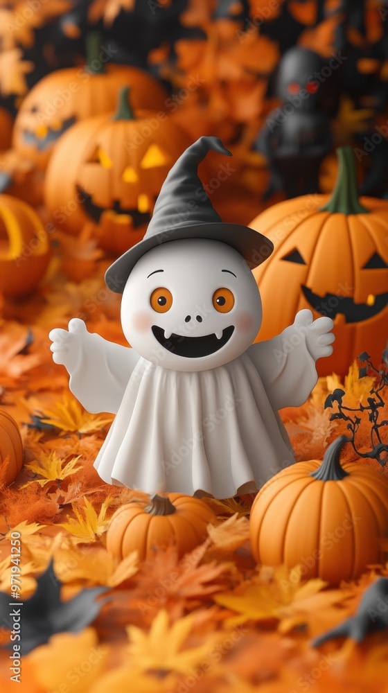 Fototapeta premium A whimsical Halloween scene featuring a ghost figurine among pumpkins and autumn leaves.