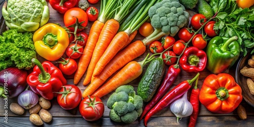 Assortment of fresh vegetables including carrots, bell peppers, tomatoes, broccoli, and cucumbers top view, fresh