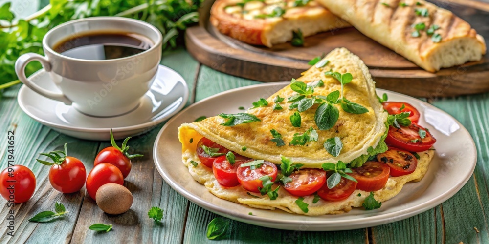 Herb omelette with tomatoes and panini toasts alongside a cup of coffee for breakfast, Herb, omelette, tomatoes, panini, toasts Herb omelette with tomatoes and panini toasts alongside a cup of coffee for breakfast, Herb, omelette, tomatoes, panini, toasts