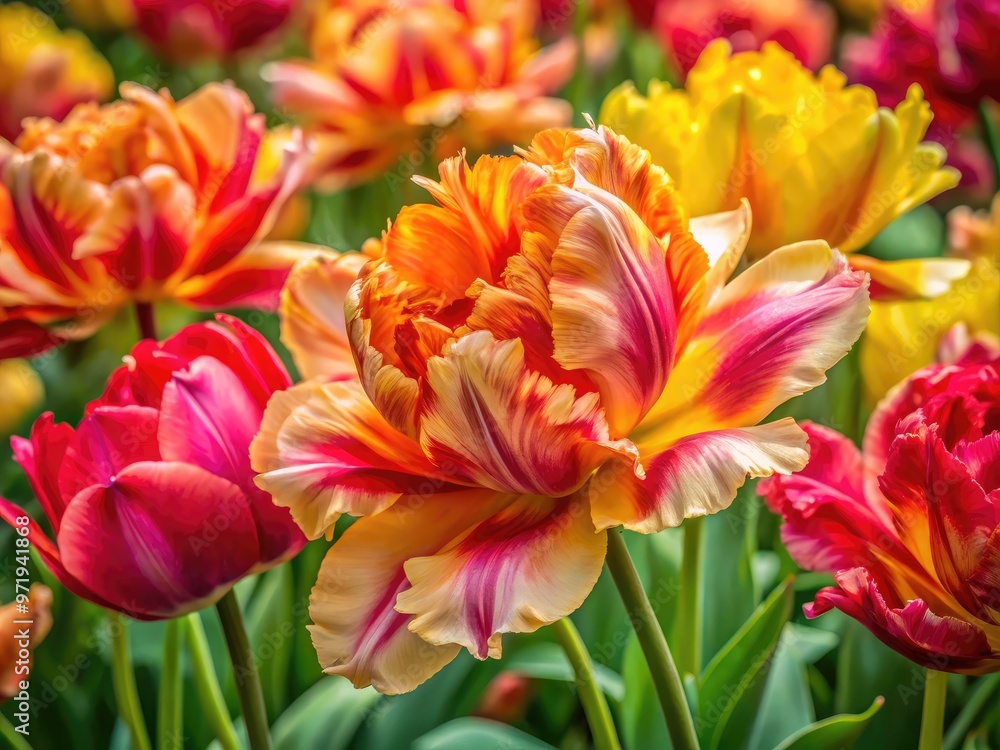 Vibrant parrot tulips with swirling, irregular petals in shades of pink, yellow, and red, blooming in a lush, natural garden setting, evoking springtime whimsy. Vibrant parrot tulips with swirling, irregular petals in shades of pink, yellow, and red, blooming in a lush, natural garden setting, evoking springtime whimsy.