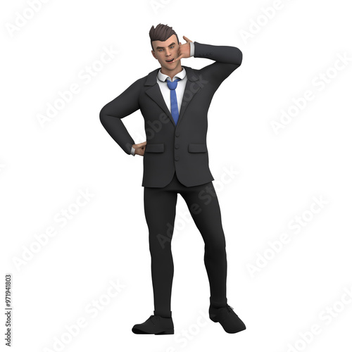 3D Male Lawyer in Legal Profession. A male lawyer stands with his left hand behind his head while his right hand is on his waist. Illustrated