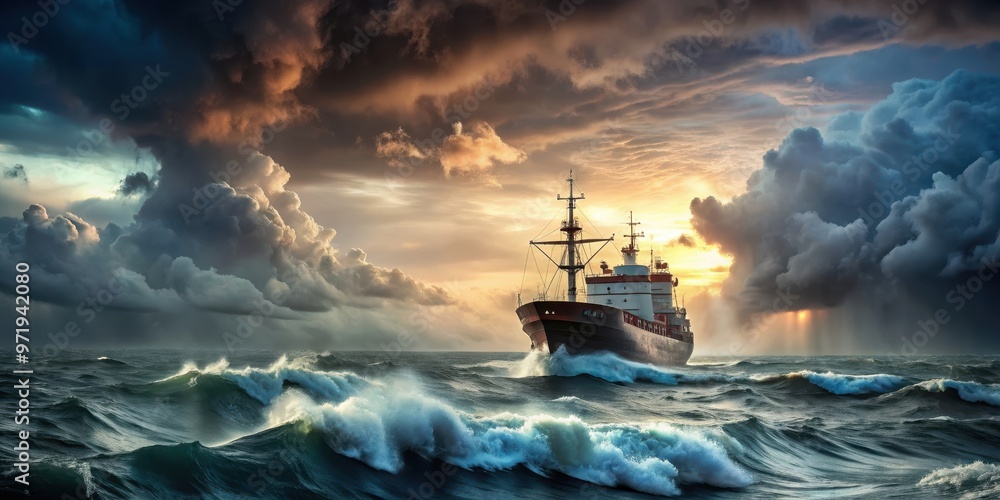 Ship battling through a fierce storm at sea, ship, storm, waves, turbulent, ocean, water, weather, danger, struggle Ship battling through a fierce storm at sea, ship, storm, waves, turbulent, ocean, water, weather, danger, struggle