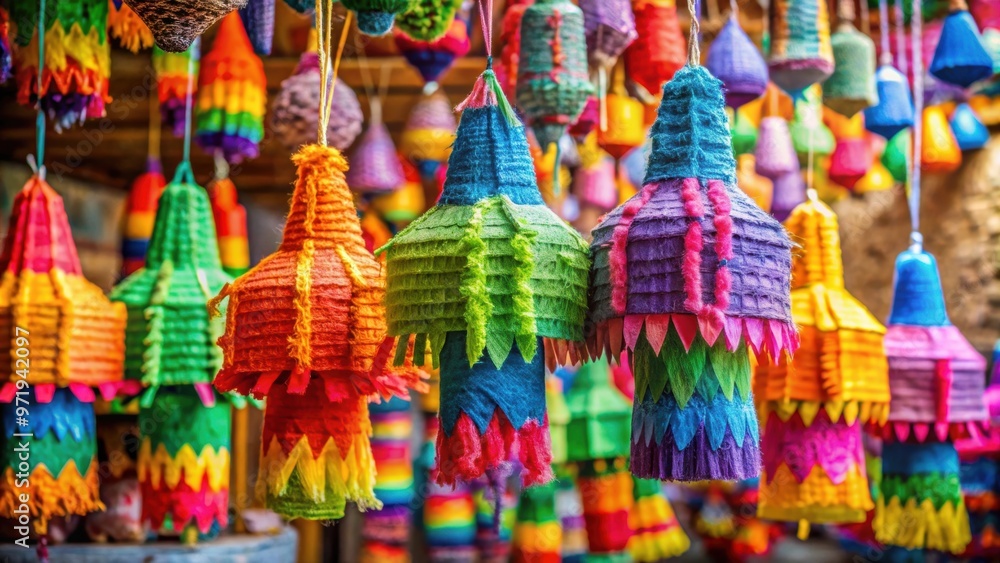 Fototapeta premium Colorful paper pinatas hanging in a Mexican market , pinatas, Mexican, market, vibrant, colors, festive, celebration